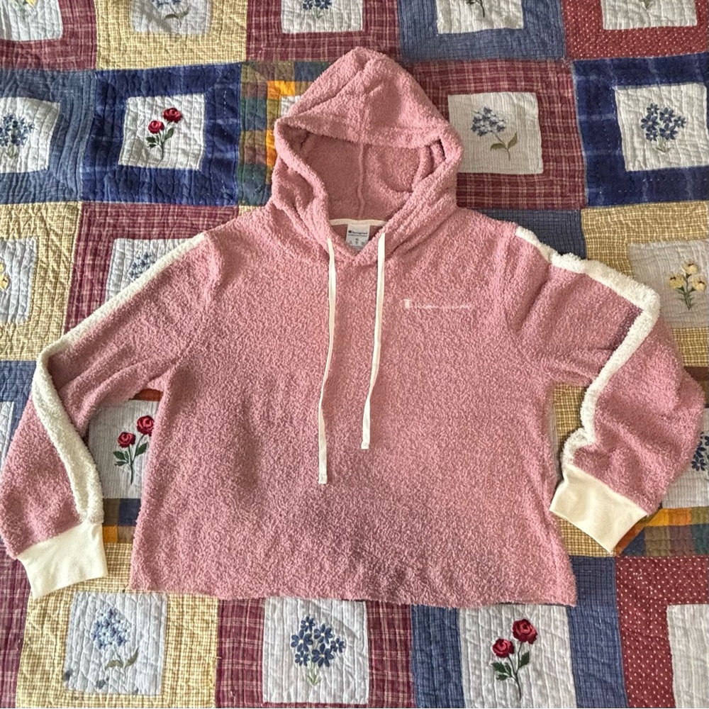 Champion Pink Cropped Terry Hoodie Size XL Cozy